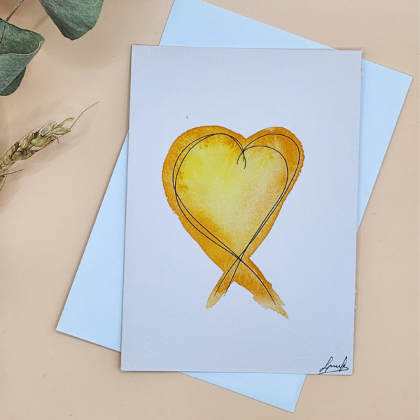 Carte faite main cœur en aquarelle